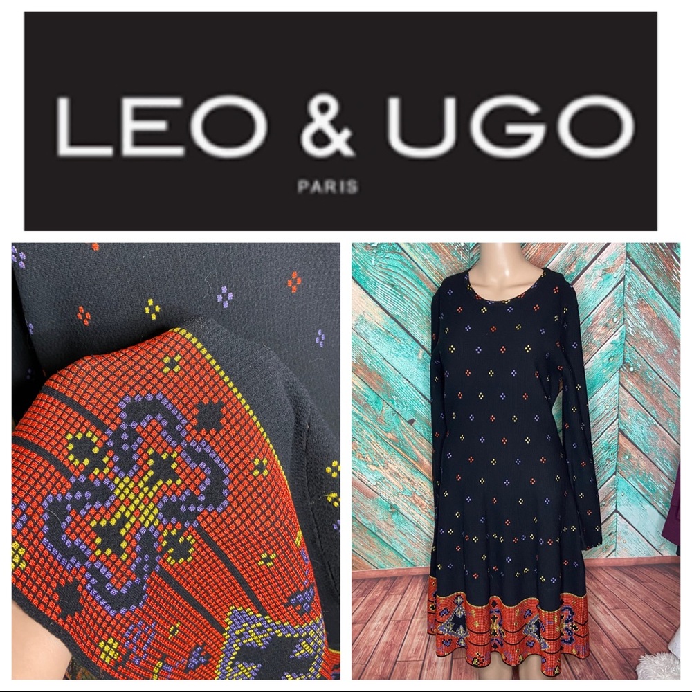 Leo & Ugo Knit Black And Orange Tile Print Dress